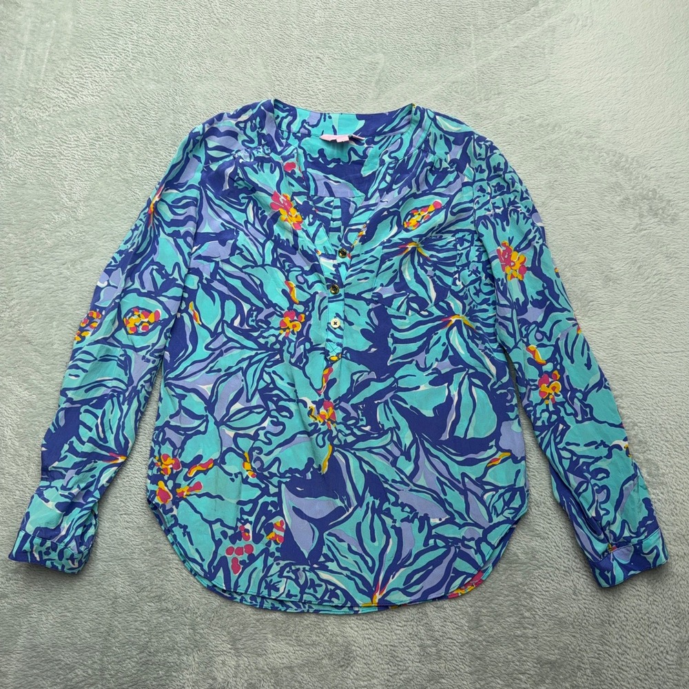 Lilly Pulitzer Blouse Womens XS Blue Elsa Silk Floral Long Sleeve Top